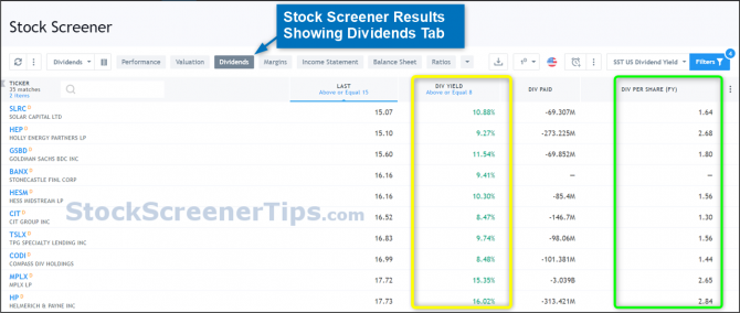 dividend stock screener results